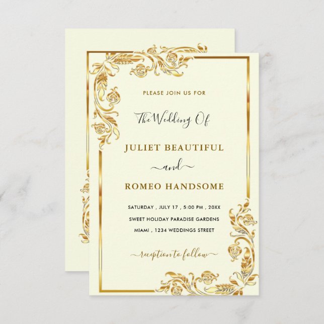 Elegant Gold Wedding Invitation Golden Leaves (Front/Back)