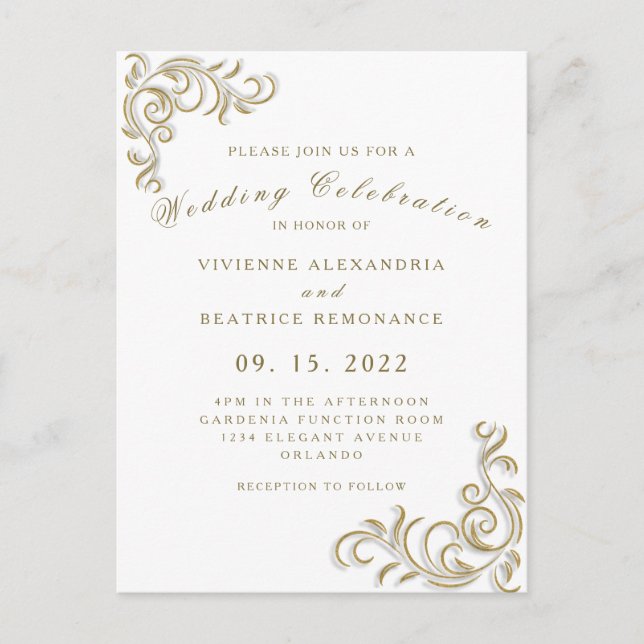Elegant gold wedding invitation postcard (Front)