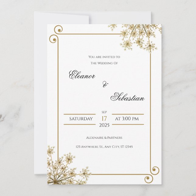Elegant Gold Wedding Invitation with Floral Accent (Front)