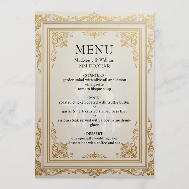 Elegant Gold Wedding Menu Card Luxury Reception (Front)