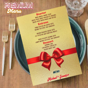 Elegant Gold Wedding Menu with Red Ribbon & Photo 