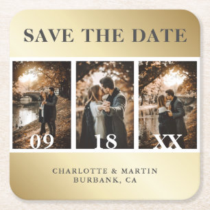Elegant Gold Wedding Photo Collage Save The Date Square Paper Coaster
