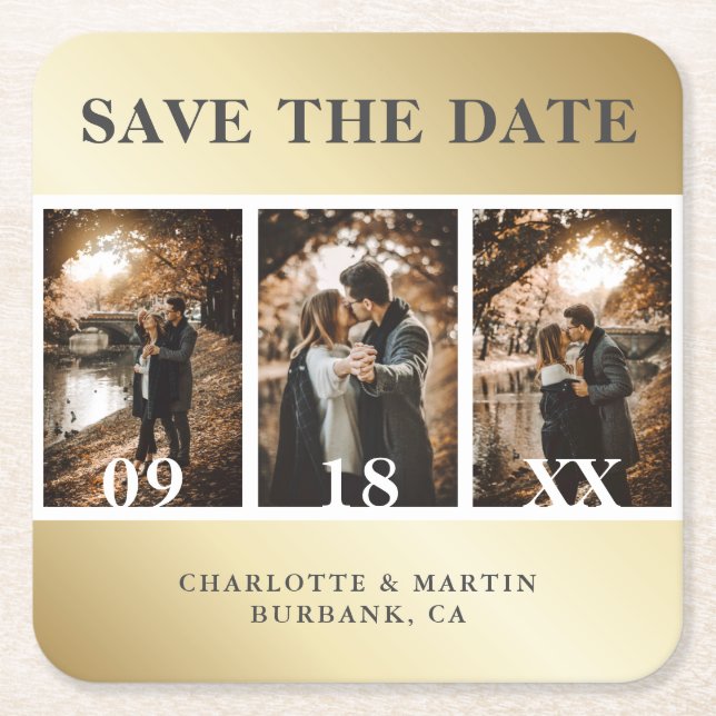 Elegant Gold Wedding Photo Collage Save The Date Square Paper Coaster (Front)