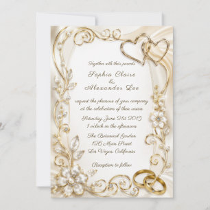 Elegant Gold Wedding Rings and Hearts Invitation