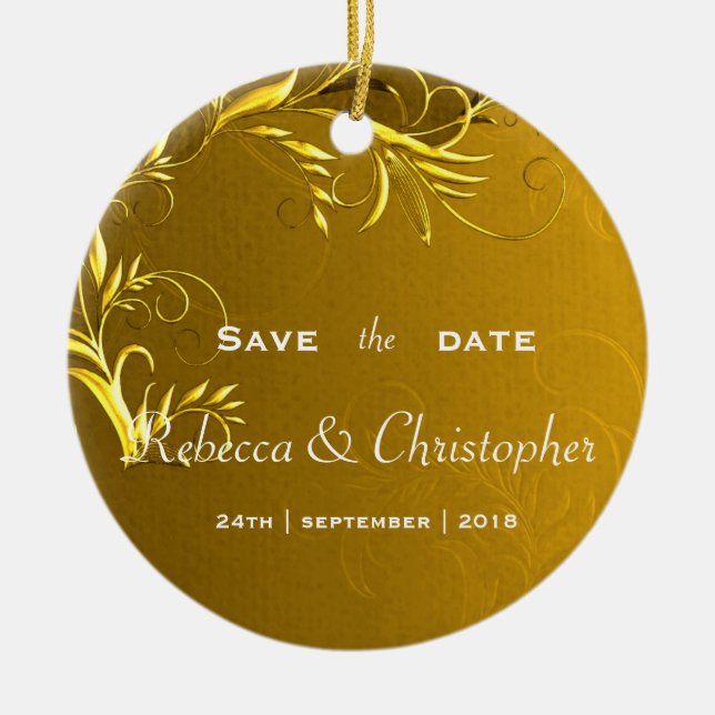 Elegant Gold Wedding Save the Date Ceramic Tree Decoration (Front)