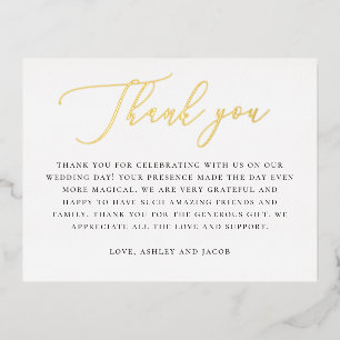Elegant Gold Wedding Thank You   Minimalist Script Foil Holiday Postcard