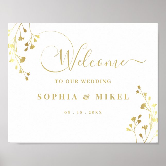 Elegant Gold Welcome & Floral Wedding Welcome Sign (Front)