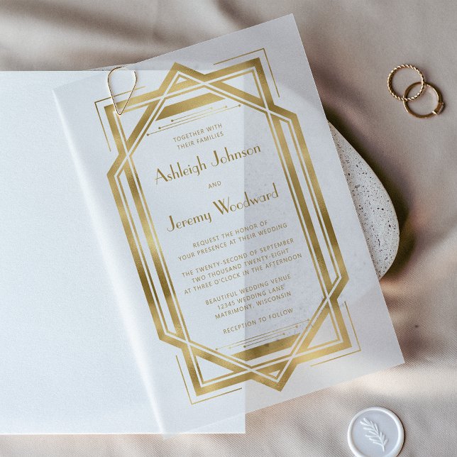 Elegant Gold White 1920s Deco Frame Wedding Vellum Invitations (Creator Uploaded)