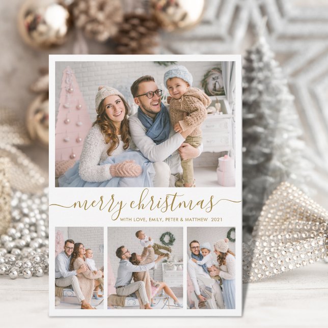 Elegant Gold White 4 Photo Collage Christmas  Holiday Card (Creator Uploaded)