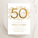 Elegant Gold White 50th Birthday Invitation<br><div class="desc">Elegant gold white 50th birthday party invitation. Customisable modern feminine design featuring roses botanical accents and faux glitter gold. Simple floral invite card perfect for a stylish female bday celebration. Personalise with your own details. Printed Zazzle invitations or instant download digital printable template.</div>