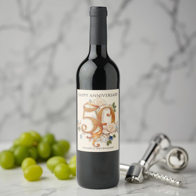 Elegant Gold & White 50th Wedding Anniversary Wine Label (Creator Uploaded)