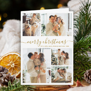 Elegant Gold White 5 Photo Collage Christmas Holiday Card