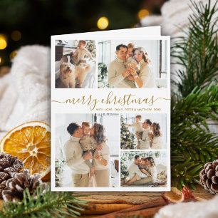 Elegant Gold White 5 Photo Collage Christmas Holiday Card