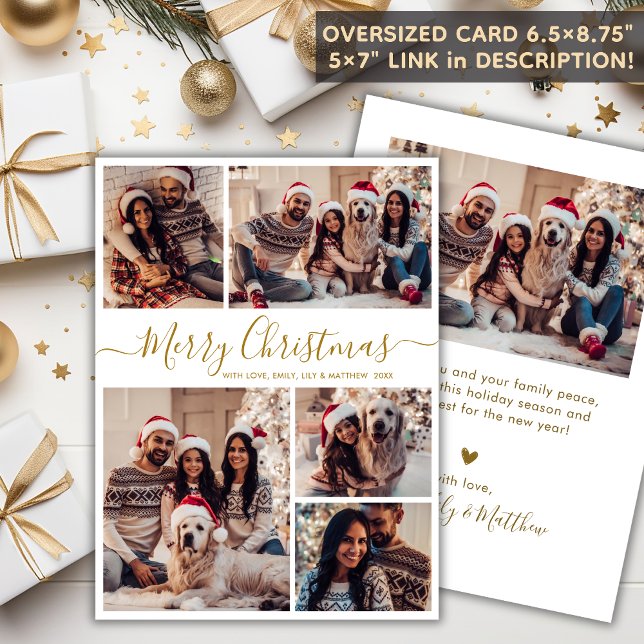 Elegant Gold White 5 Photo Collage Christmas  Holiday Card (Creator Uploaded)