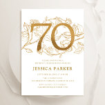 Elegant Gold White 70th Birthday Invitation<br><div class="desc">Elegant gold white 70th birthday party invitation. Customisable modern feminine design featuring roses botanical accents and faux glitter gold. Simple floral invite card perfect for a stylish female bday celebration. Personalise with your own details. Printed Zazzle invitations or instant download digital printable template.</div>