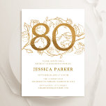 Elegant Gold White 80th Birthday Invitation<br><div class="desc">Elegant gold white 80th birthday party invitation. Customisable modern feminine design featuring roses botanical accents and faux glitter gold. Simple floral invite card perfect for a stylish female bday celebration. Personalise with your own details. Printed Zazzle invitations or instant download digital printable template.</div>