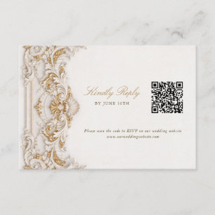 Elegant Gold & White Baroque RSVP with QR Code Enclosure Card