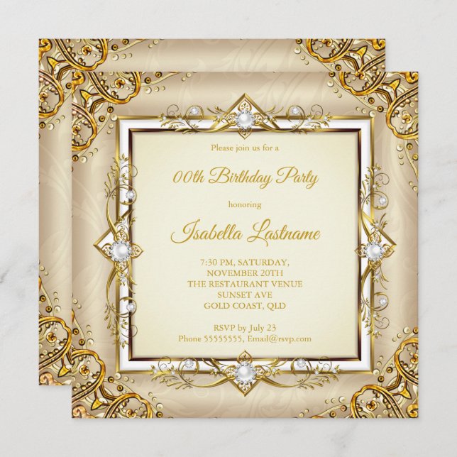 Elegant Gold White Beige Pearl Birthday Party Invitation (Front/Back)