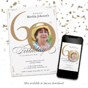 Elegant Gold White Calligraphy Photo 60th Birthday Invitation