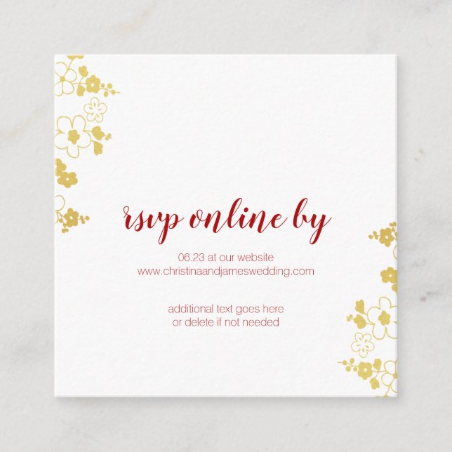 Elegant Gold & White Cherry Blossom Wedding RSVP Enclosure Card (Front)