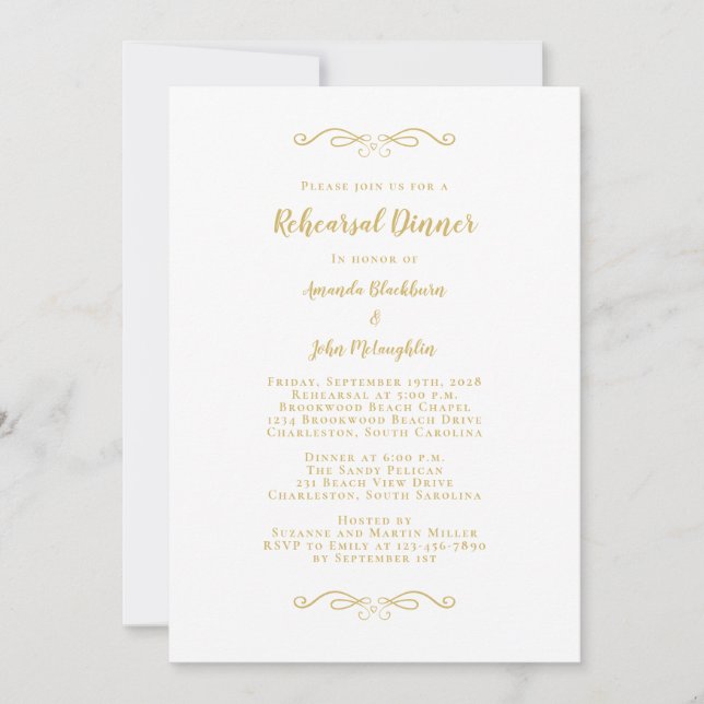 Elegant Gold & White Chic Wedding Rehearsal Dinner Invitation (Front)