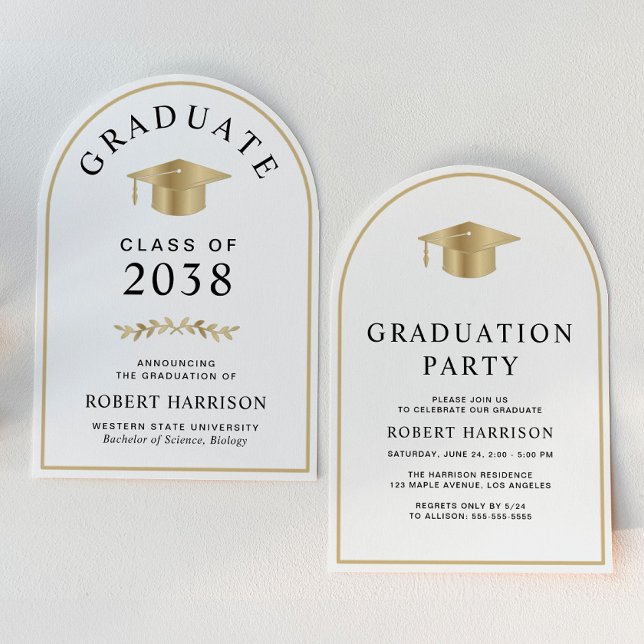 Elegant Gold White College Graduation Party Invitation (An elegant arch-shaped graduation party invitation to celebrate the graduate's achievements)