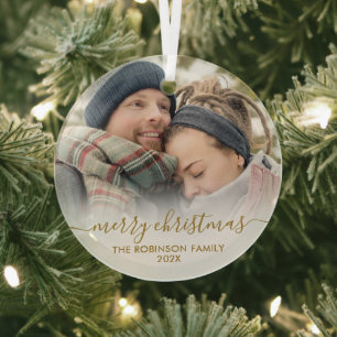 Elegant Gold White Couple Photo Merry Christmas   Glass Tree Decoration