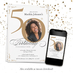 Elegant Gold White Custom Photo 50th Birthday Invitation