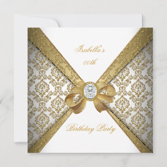Elegant Gold White Diamond Damask Birthday Party Invitation (Front)