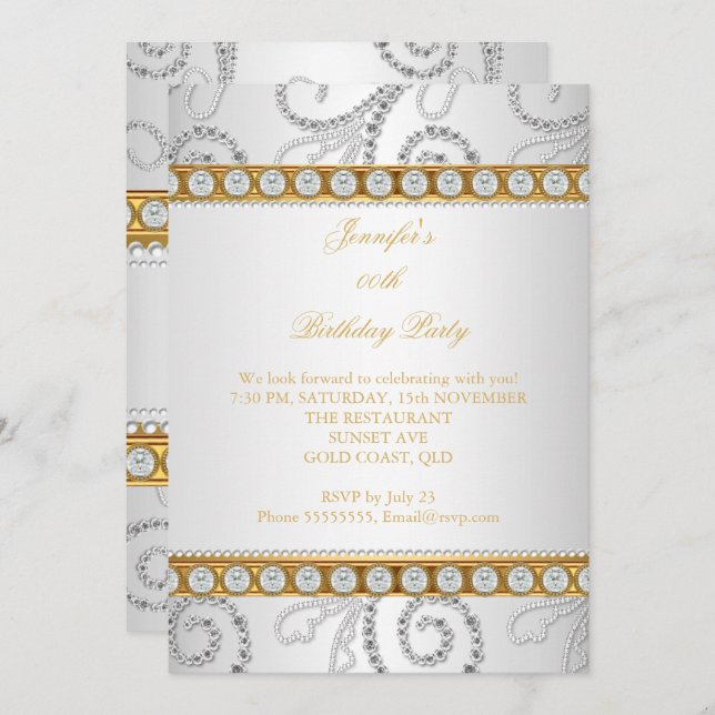 Elegant Gold White Diamond Pearl Birthday Party Invitation (Front/Back)
