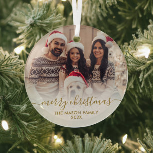 Elegant Gold White Family Photo Merry Christmas   Glass Tree Decoration