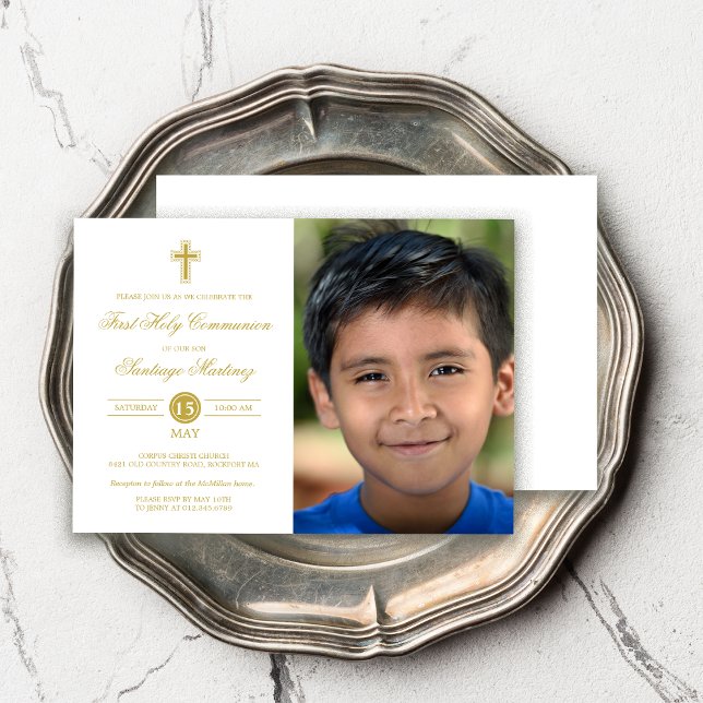 Elegant Gold White First Communion Photo Boy Invitation (Creator Uploaded)