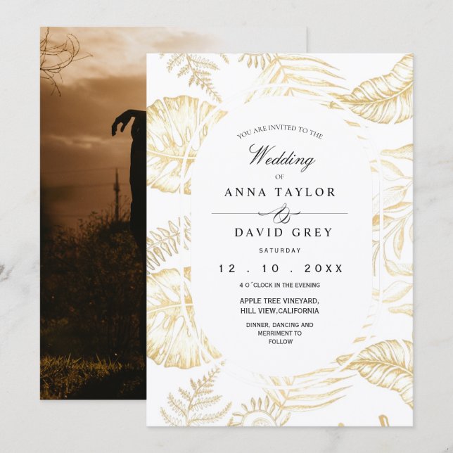 Elegant Gold White Flora Wedding  Invitation (Front/Back)