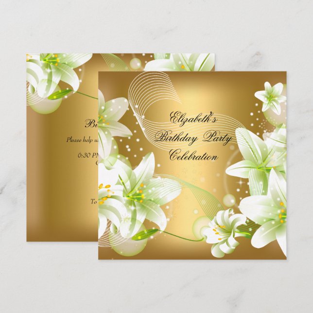 Elegant Gold White Floral Birthday Party Invitation (Front/Back)