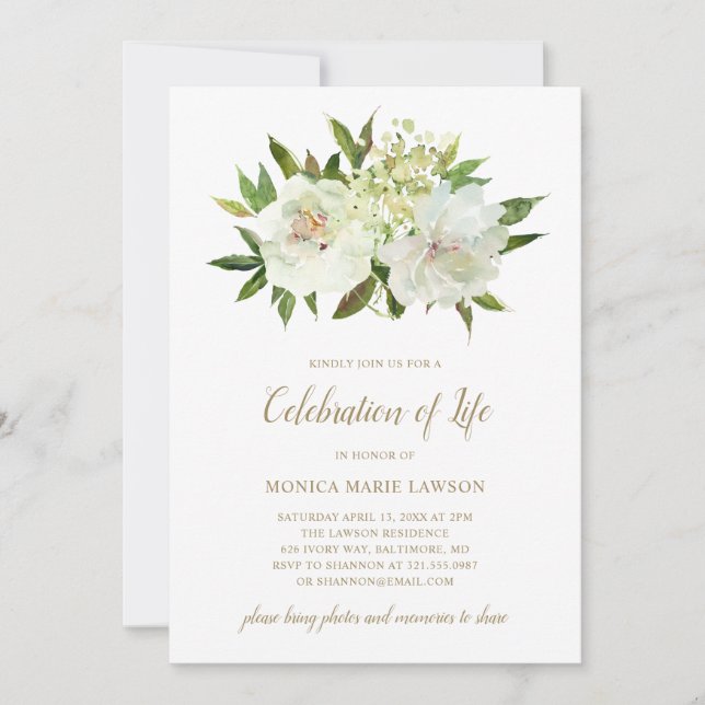 Elegant Gold White Floral Celebration Of Life Invitation (Front)