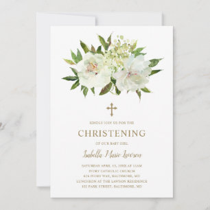 Elegant Gold White Floral Modern Christening Invitation