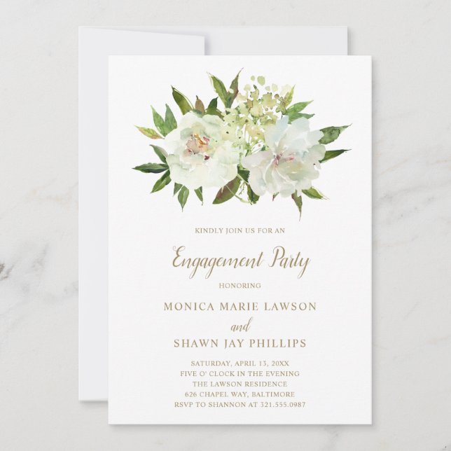 Elegant Gold White Floral Modern Engagement Party Invitation (Front)