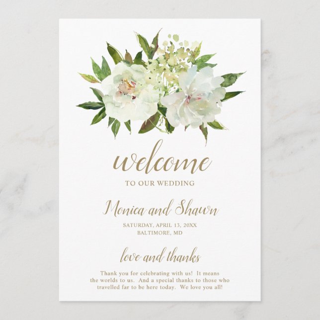 Elegant Gold White Floral Modern Wedding Programme (Front)