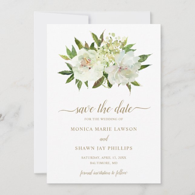 Elegant Gold White Floral Modern Wedding Save The Date (Front)