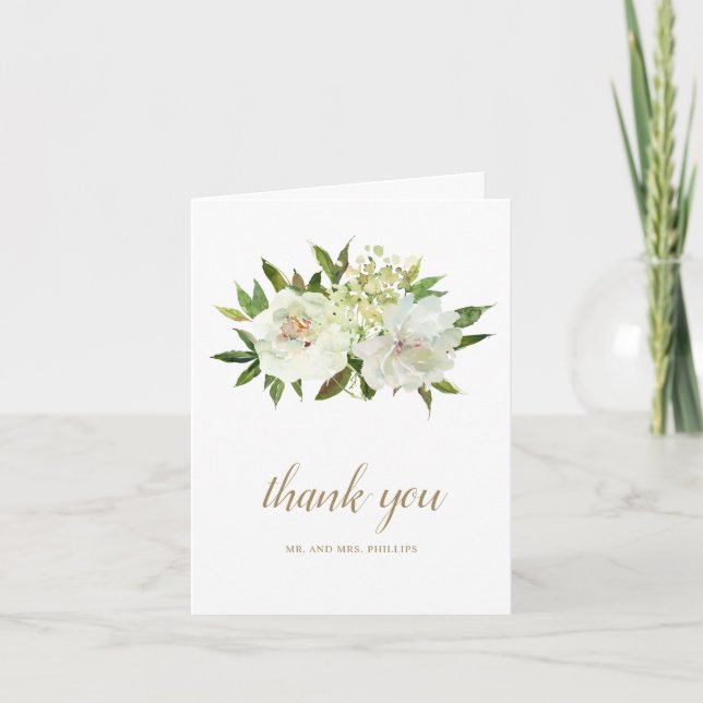 Elegant Gold White Floral Modern Wedding Thank You Card (Front)