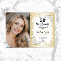Elegant Gold White Floral Photo 50th Birthday