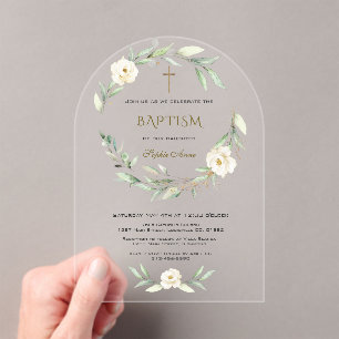 Elegant Gold White Flowers Cross Baptism Acrylic Invitations