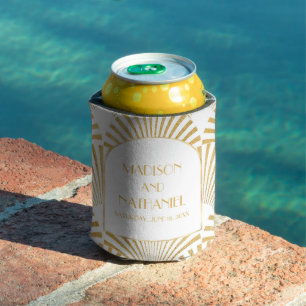Elegant Gold White Geometric Art Deco Wedding Can Cooler