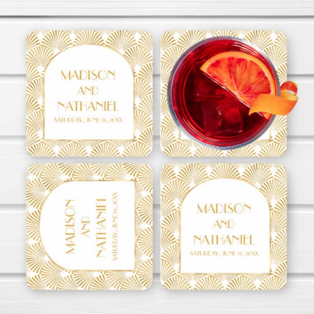 Elegant Gold White Geometric Art Deco Wedding Square Paper Coaster (Creator Uploaded)