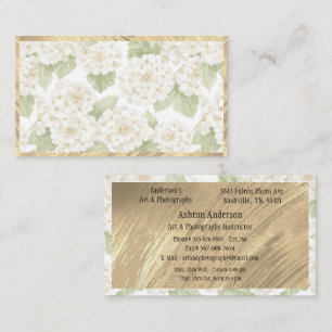 Elegant Gold White Hydrangea Floral Business Card