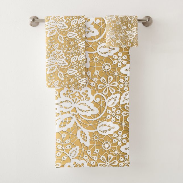 ELEGANT GOLD WHITE LACE BATHROOM TOWEL SET (Insitu)