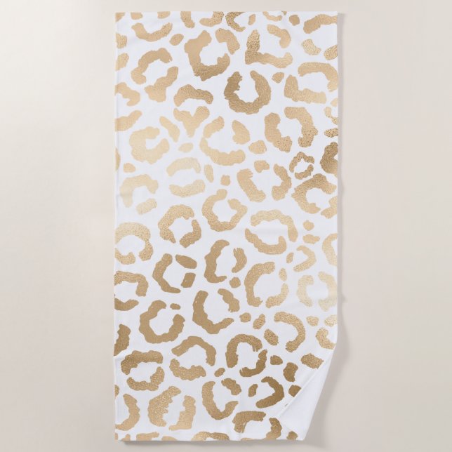 Elegant Gold White Leopard Cheetah Animal Print Beach Towel (Front)