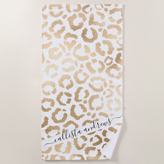 Elegant Gold White Leopard Cheetah Animal Print Beach Towel (Front)