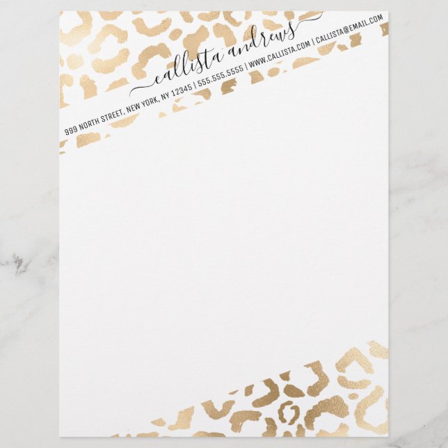 Elegant Gold White Leopard Cheetah Animal Print Custom Letterhead (Front)