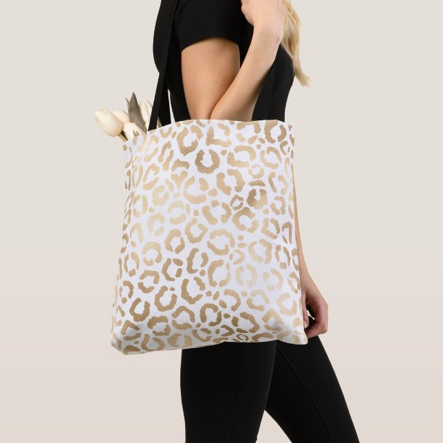 Elegant Gold White Leopard Cheetah Animal Print Tote Bag (Close Up)